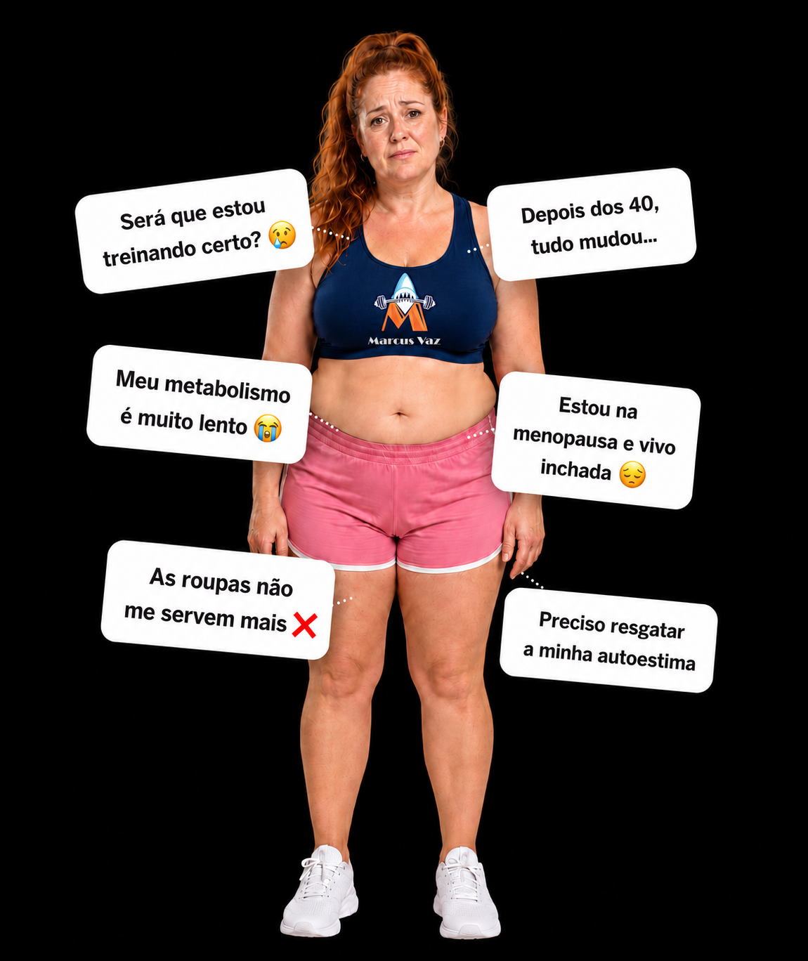 Mulher se perguntando sobre o corpo, cercada de dúvidas